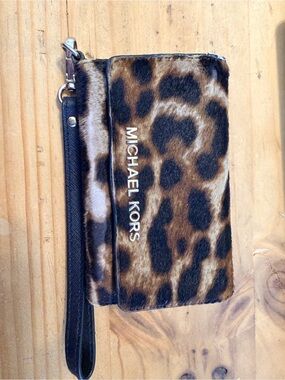 Michael Kors Leopard Print Haircalf Wristlet in Brown and Black